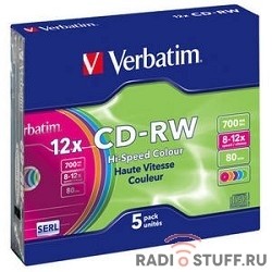 Verbatim  Диски CD-RW  8-12x 700Mb 80min (Slim Case, 5 шт.) [43167]