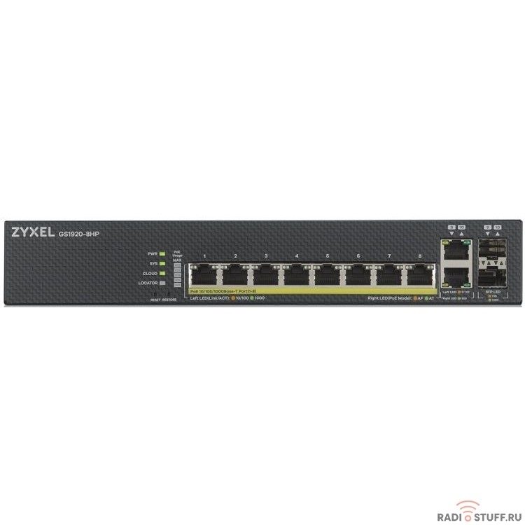 ZYXEL GS1920-8HPV2-EU0101F Гибридный Smart PoE+ коммутатор NebulaFlex GS1920-8HPv2, 8xGE PoE+, 2xCombo (SFP/RJ-45), бесшумный, бюджет PoE 130 Вт, автономное/облачное управление