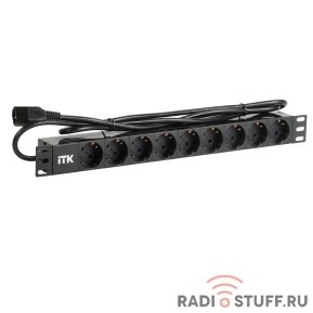 Блок розеток, 9 розеток, нем. ст, 1U, вилка С14, ПВХ, шнур 2м, черный, ITK
